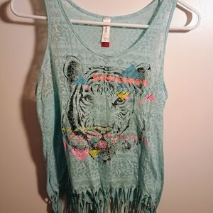 No Boundaries Teal Tiger Graphic Fringe Tank Top